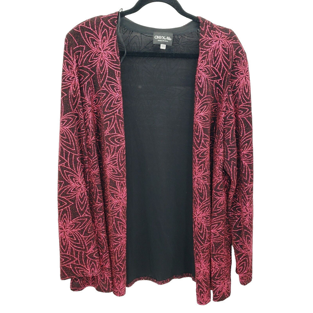 Onyx Nite Evening Wear Glitter Floral Print Cardigan Womens 2x Black Pink Open